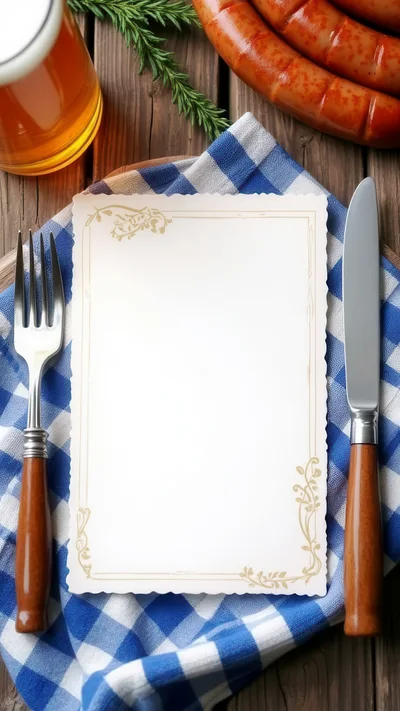 Blank Menu Card With Sausage And Beer On Wooden Table