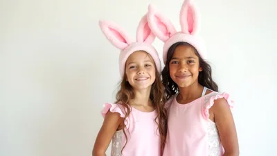 Two Young Girls Wearing Pink Bunny Ears Headbands