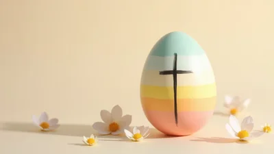 Easter Egg With Painted Cross And Spring Flowers