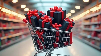 Shopping Cart Filled With Black Gift Boxes