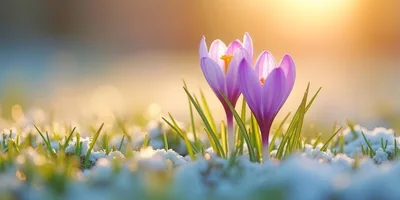 Purple Crocus Flowers Blooming Through Melting Spring Snow