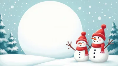 Two Cute Snowmen With Red Hats And Scarves