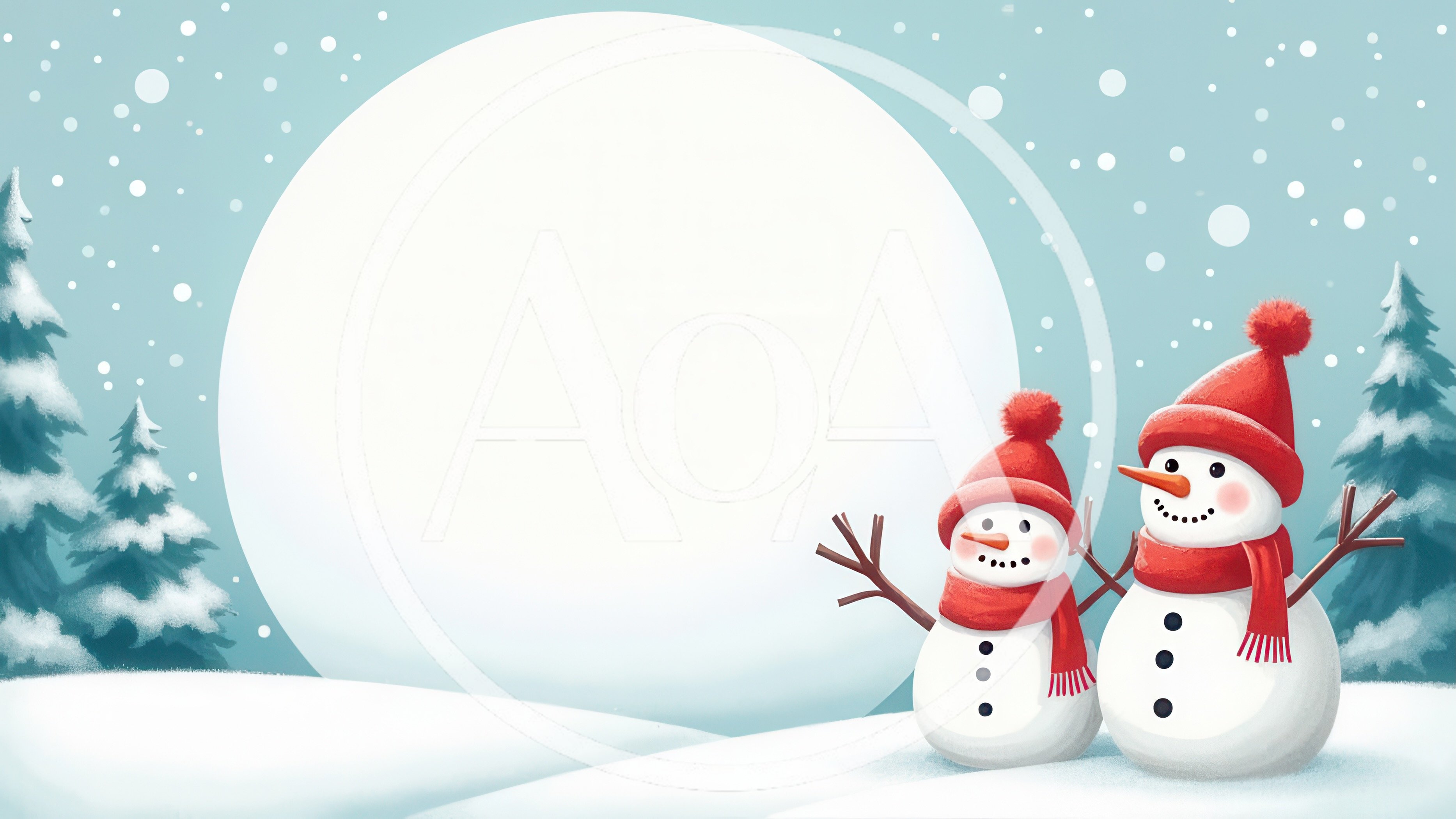 Two Cute Snowmen With Red Hats And Scarves