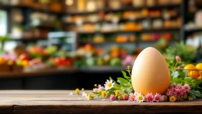 Single Easter Egg Surrounded By Spring Flowers On Table