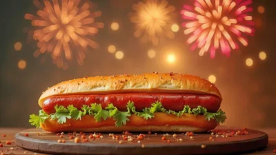 Gourmet Hot Dog With Cilantro On Wooden Board