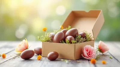 Chocolate Easter Eggs in Cardboard Box with Flowers