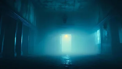 Eerie Foggy Hallway With Glowing Doorway