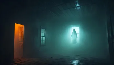 Ghostly Figure Floating In A Dark Haunted Room