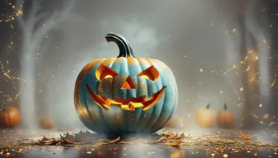 Glowing Jack O Lantern Pumpkin In Misty Forest