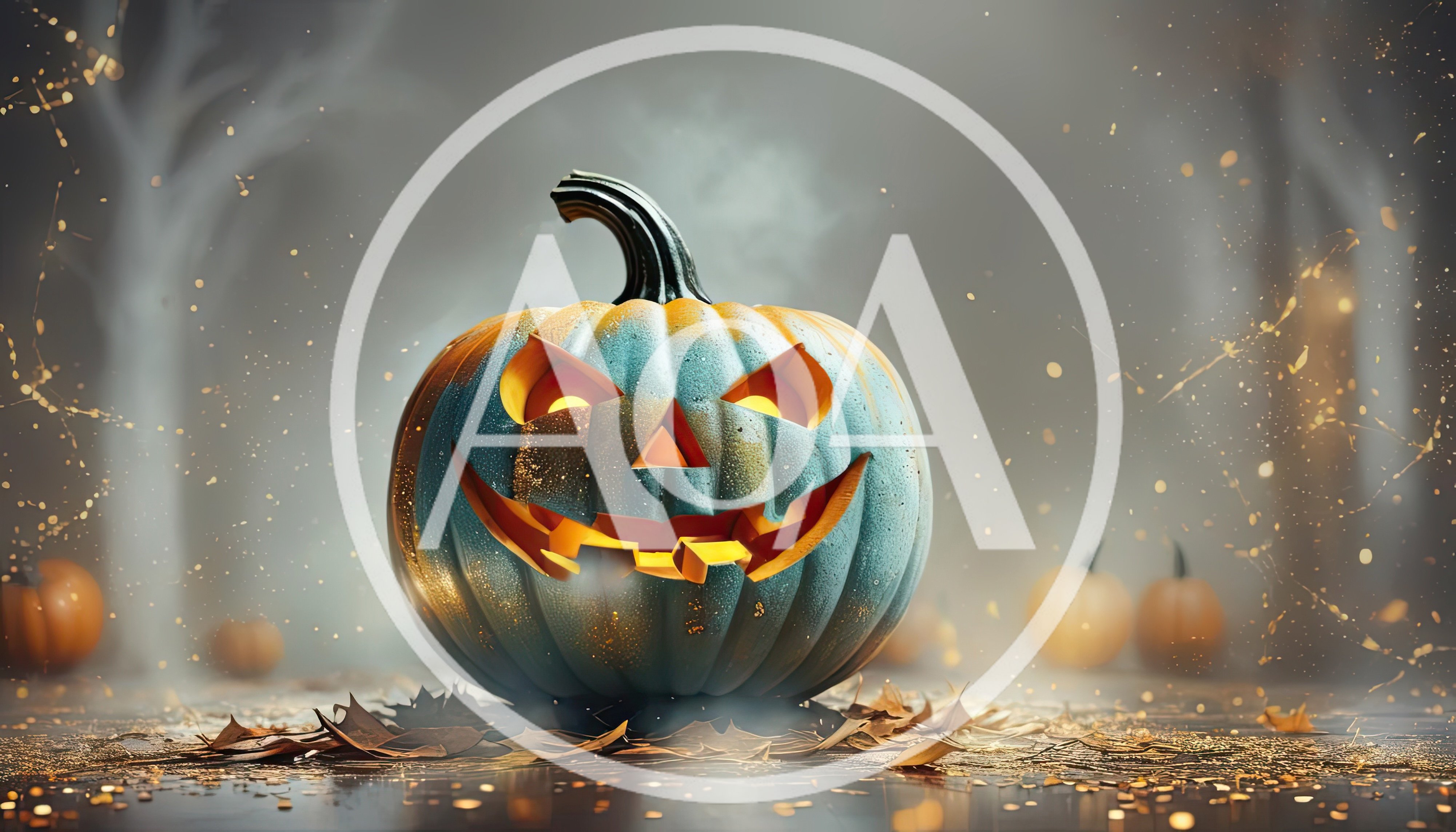 Glowing Jack O Lantern Pumpkin In Misty Forest