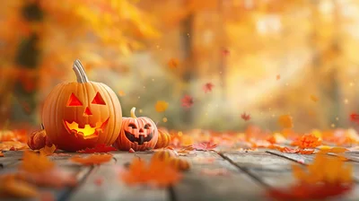 Two Jack-O-Lanterns On A Wooden Surface With Autumn Leaves