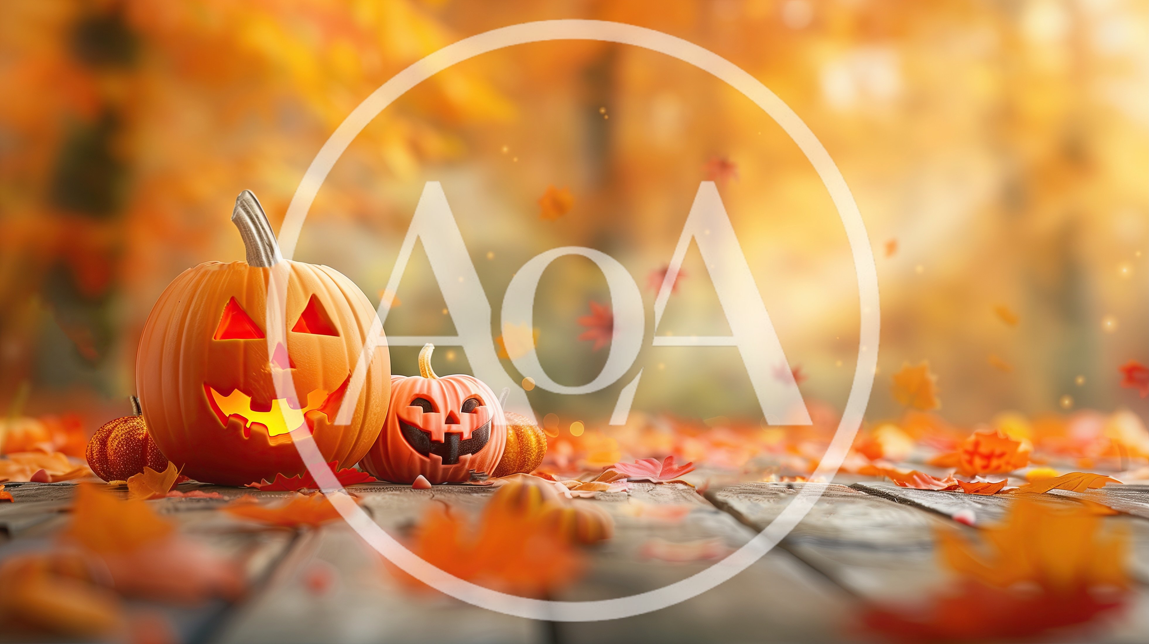 Two Jack-O-Lanterns On A Wooden Surface With Autumn Leaves