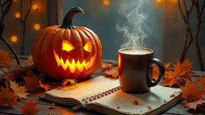 Jack O Lantern Pumpkin And Steaming Coffee On Notebook