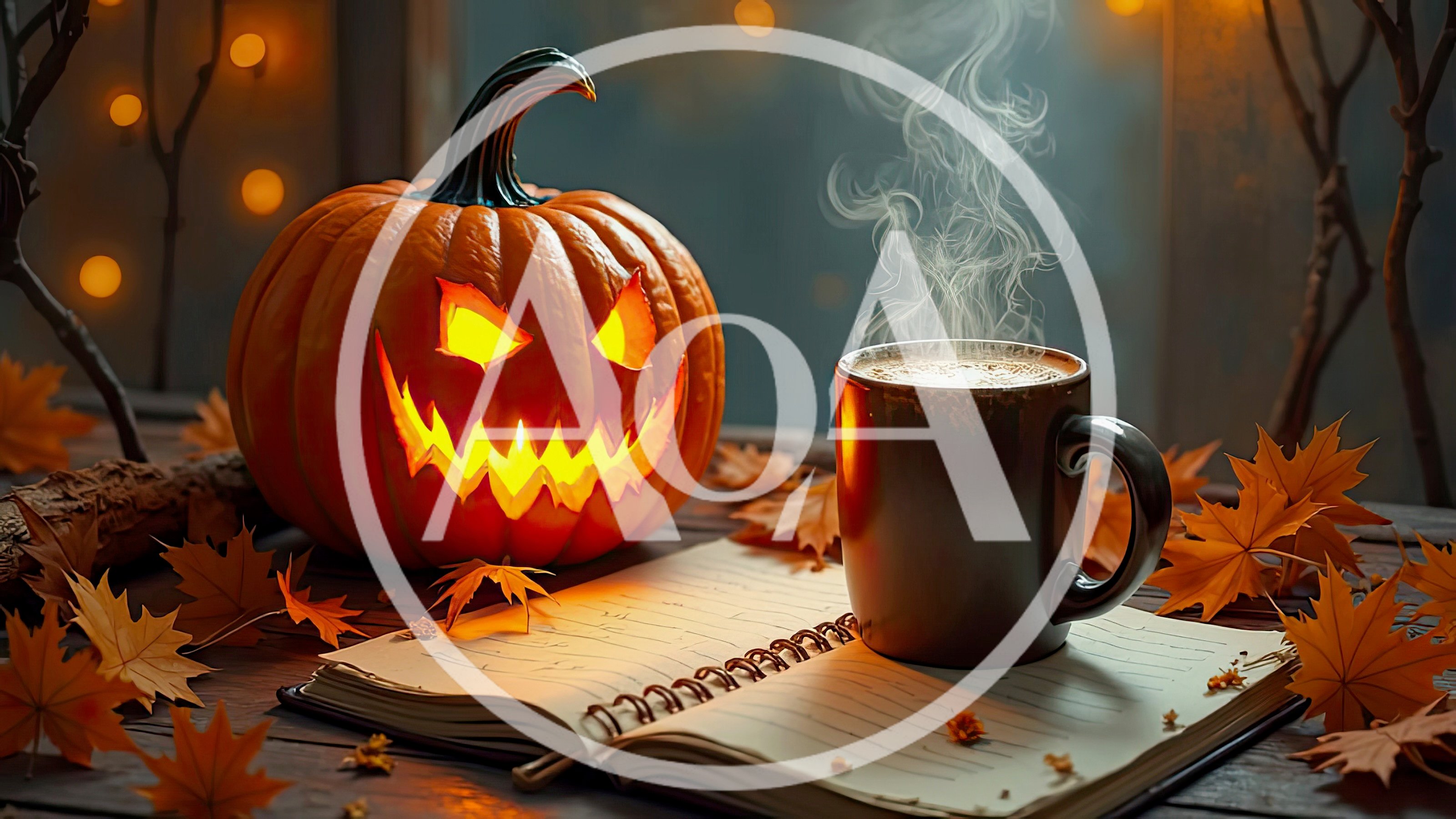 Jack O Lantern Pumpkin And Steaming Coffee On Notebook