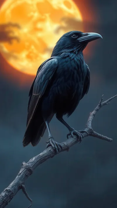 Black Raven Perched On A Branch Under Full Moon