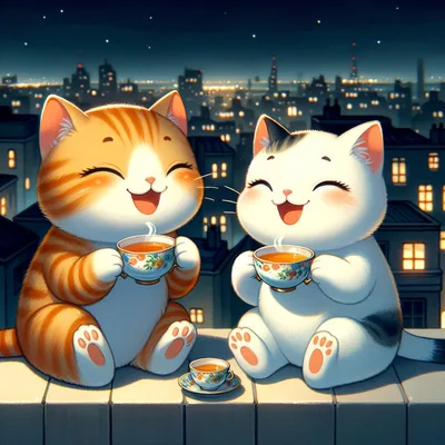Two Cute Cartoon Cats Drinking Tea on Rooftop