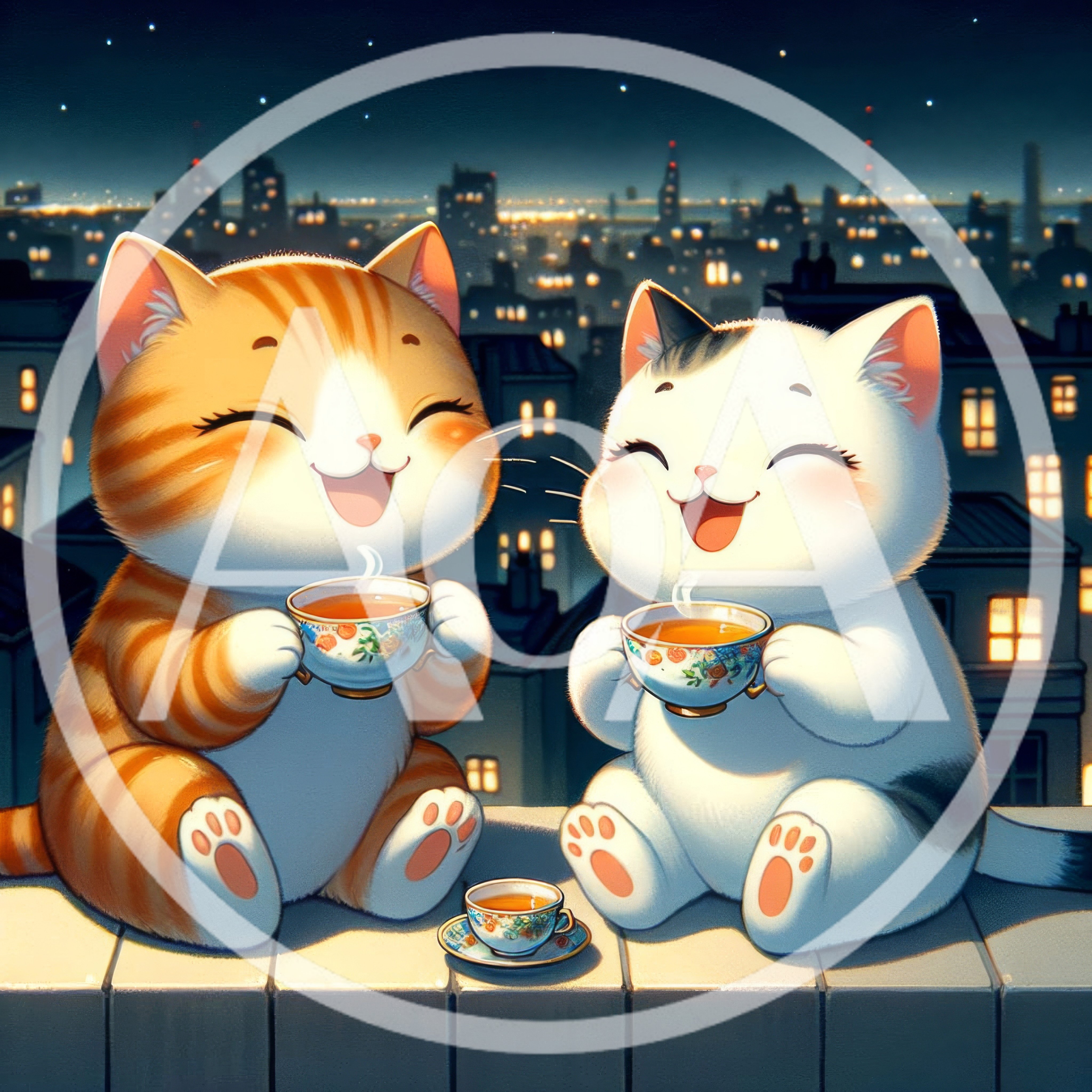 Two Cute Cartoon Cats Drinking Tea on Rooftop
