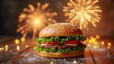Gourmet Cheeseburger With Festive Fireworks Background