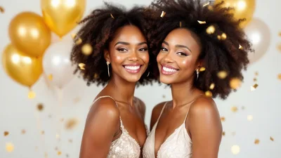 Two Beautiful Women Celebrating With Gold Confetti