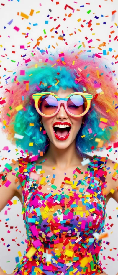 Excited Woman With Colorful Afro Wig And Confetti