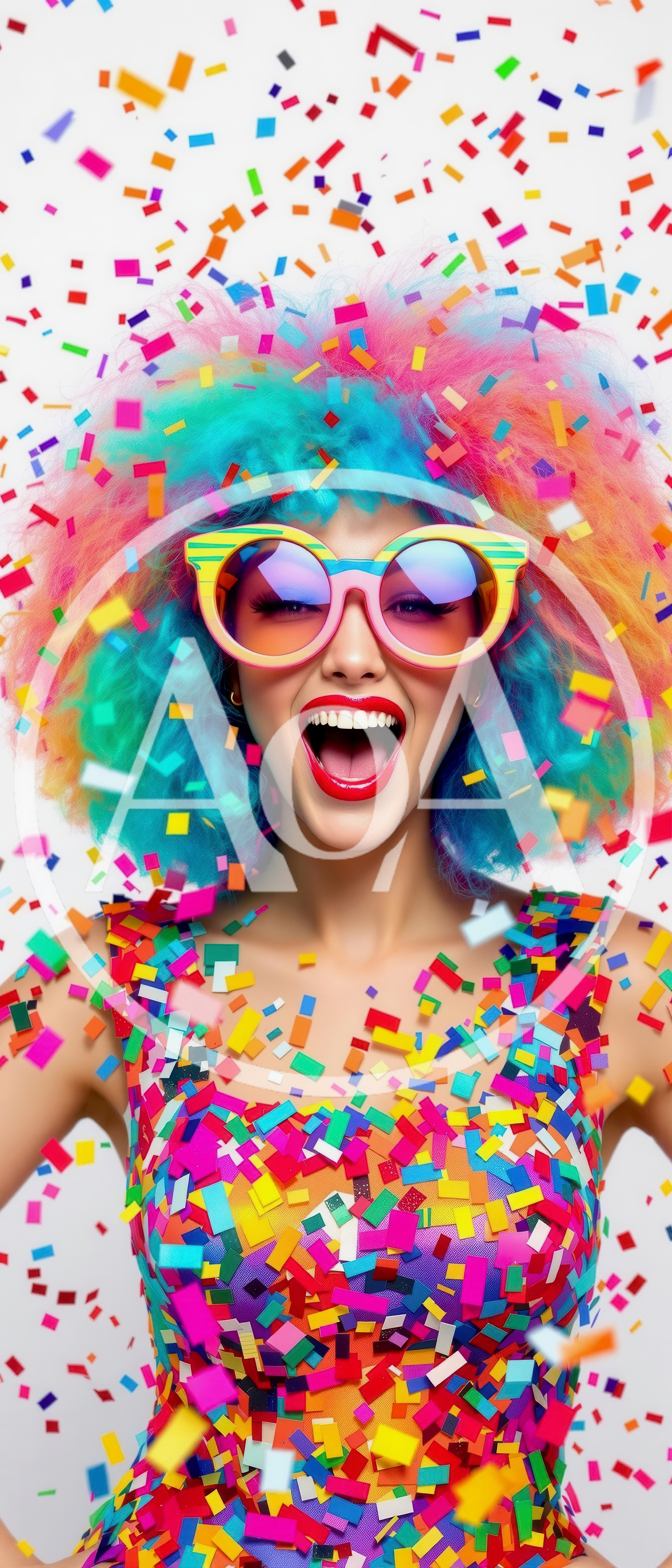 Excited Woman With Colorful Afro Wig And Confetti