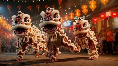 Traditional Chinese Lion Dance Performance During Lunar New Year
