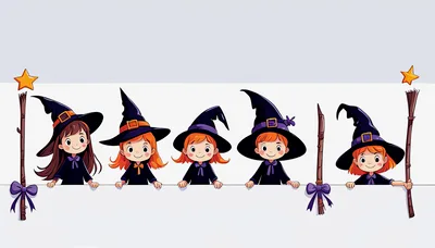 Cute Cartoon Witches Holding A Blank White Banner