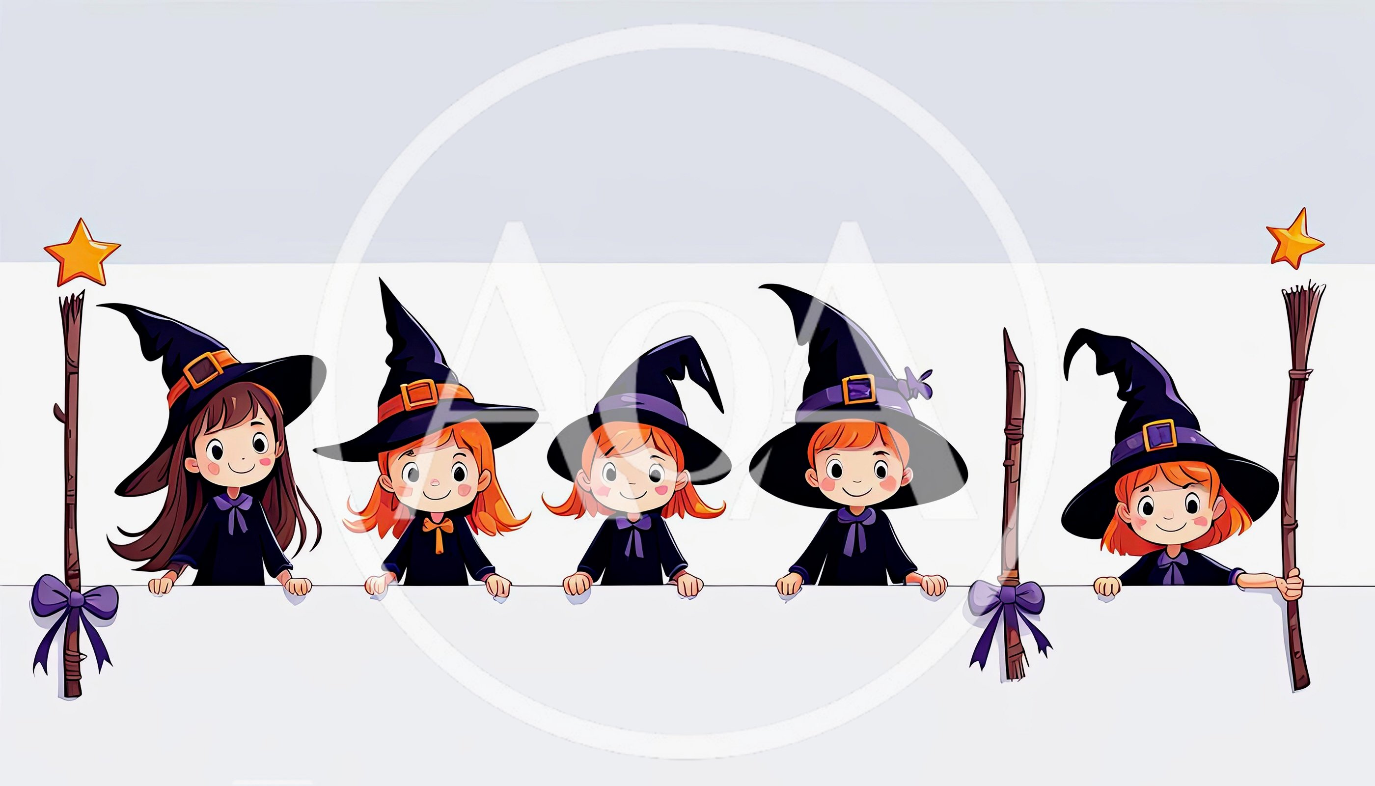 Cute Cartoon Witches Holding A Blank White Banner