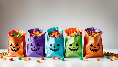 Five Colorful Halloween Trick Or Treat Bags Filled With Candy