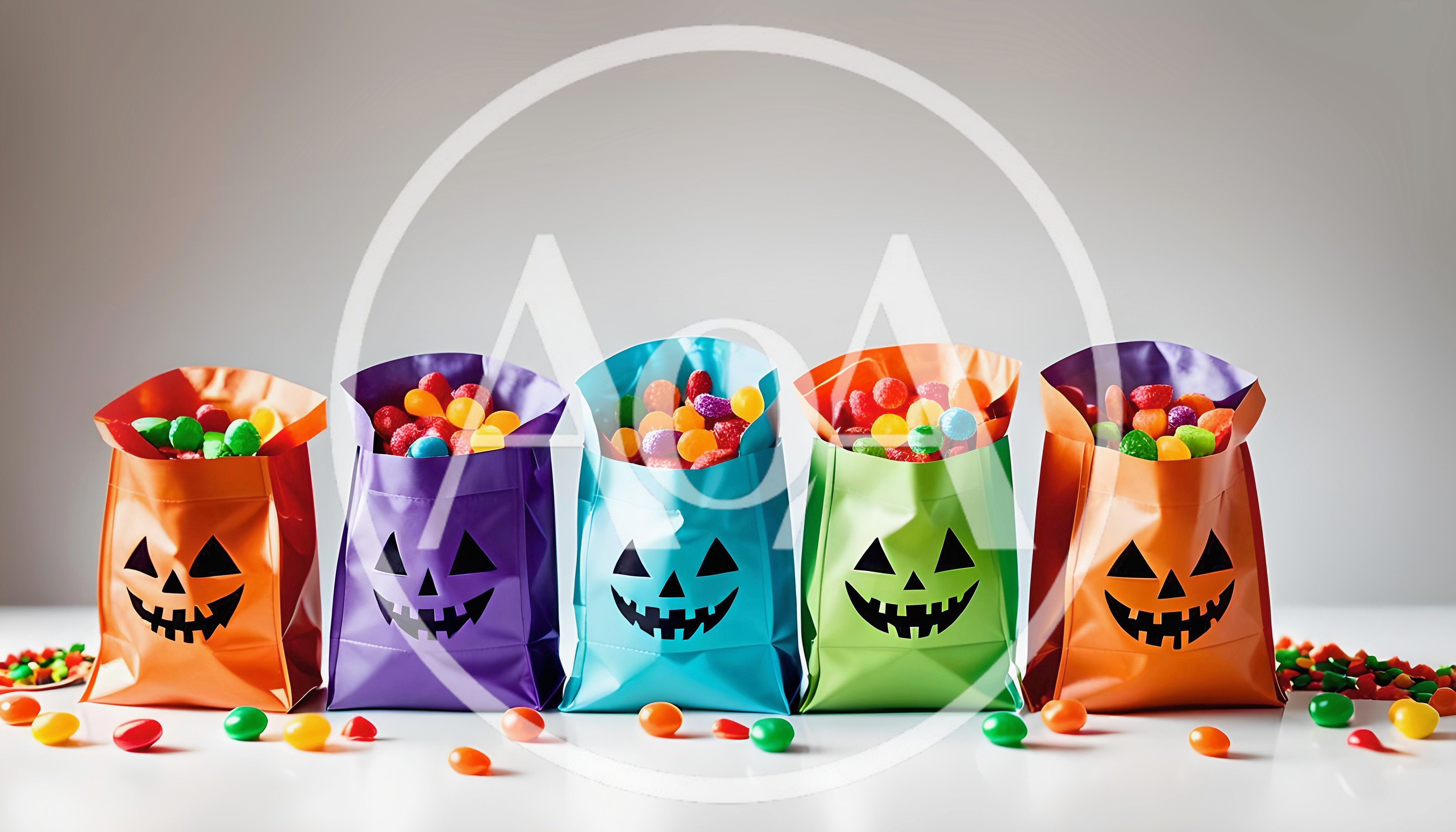Five Colorful Halloween Trick Or Treat Bags Filled With Candy