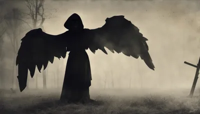 Dark Winged Grim Reaper Figure In Misty Graveyard