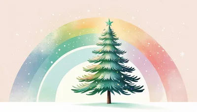 Christmas Tree With Rainbow Background And Snowflakes