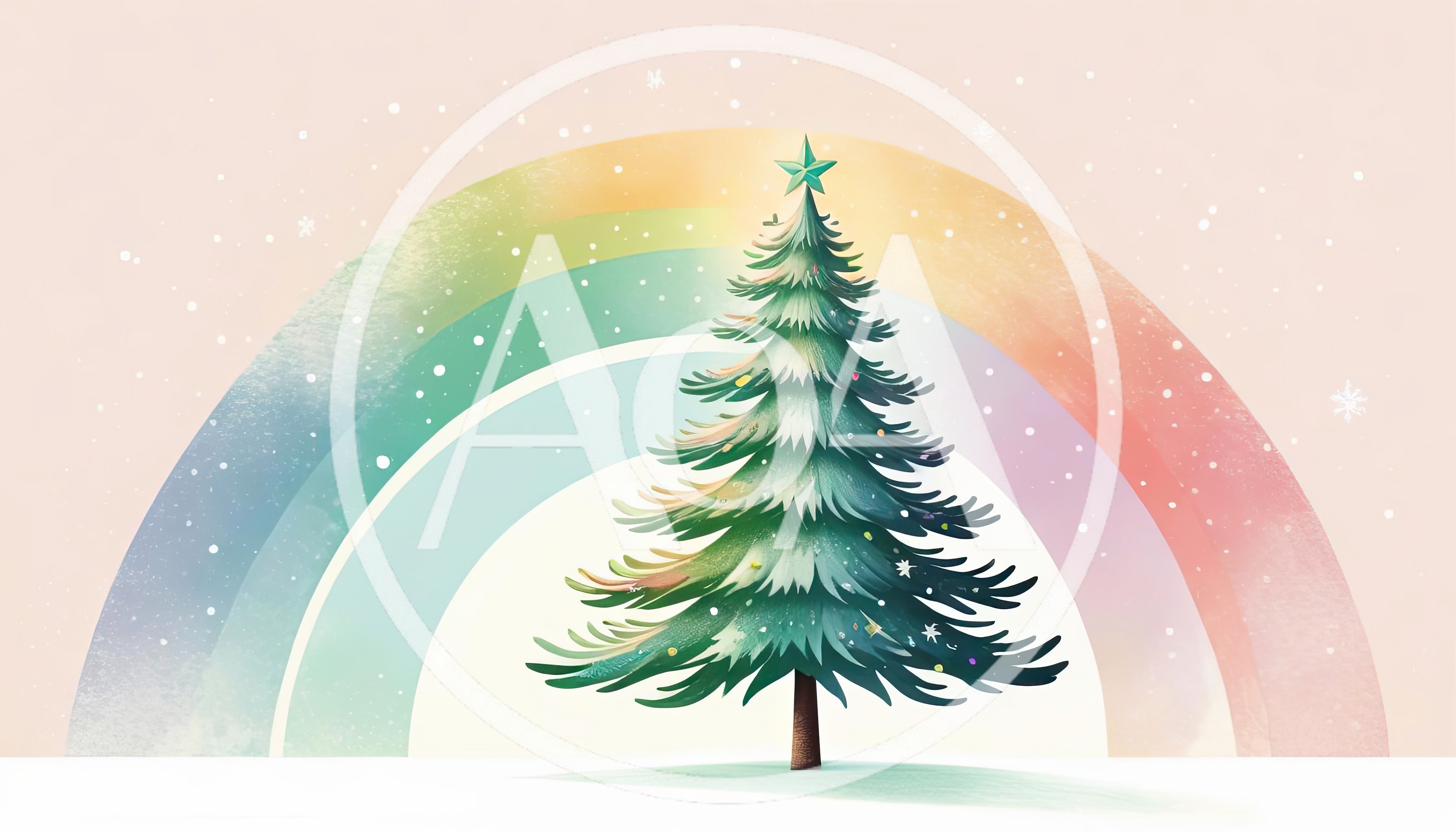 Christmas Tree With Rainbow Background And Snowflakes