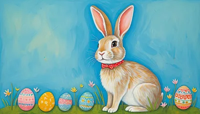 Easter Bunny Sitting With Decorated Eggs