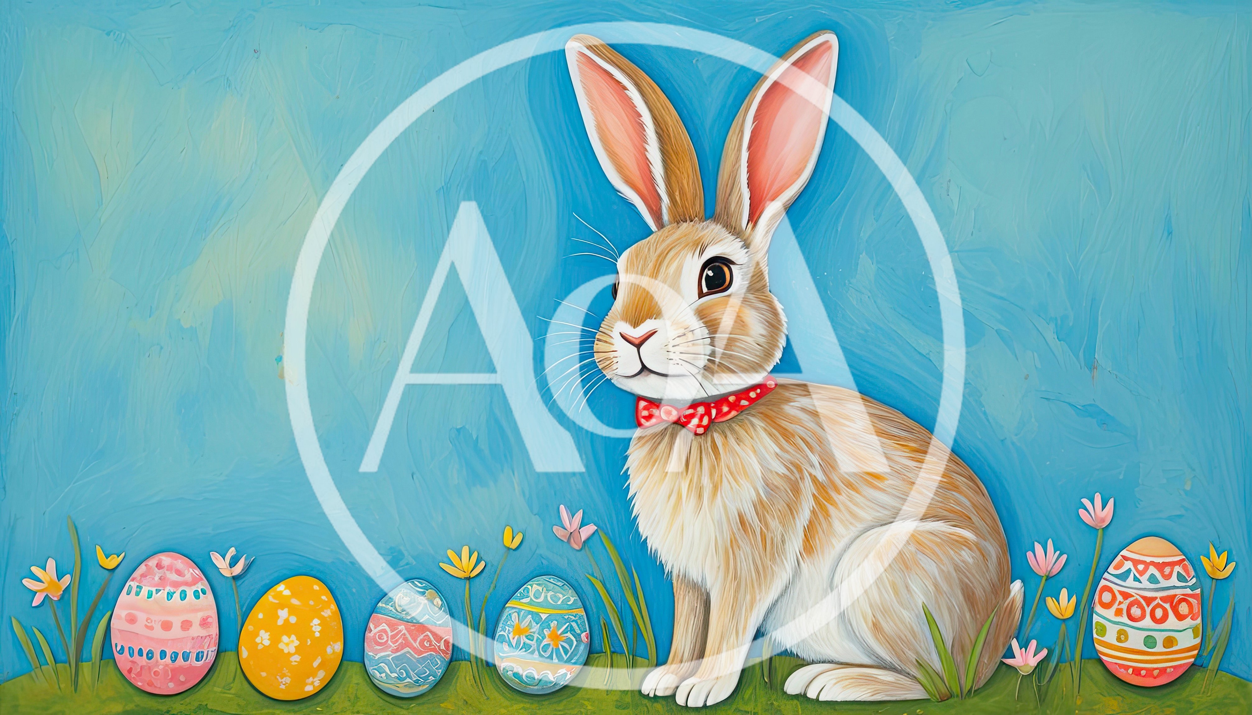 Easter Bunny Sitting With Decorated Eggs