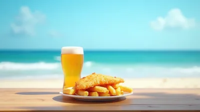 Fish and Chips with Beer on Beach Table