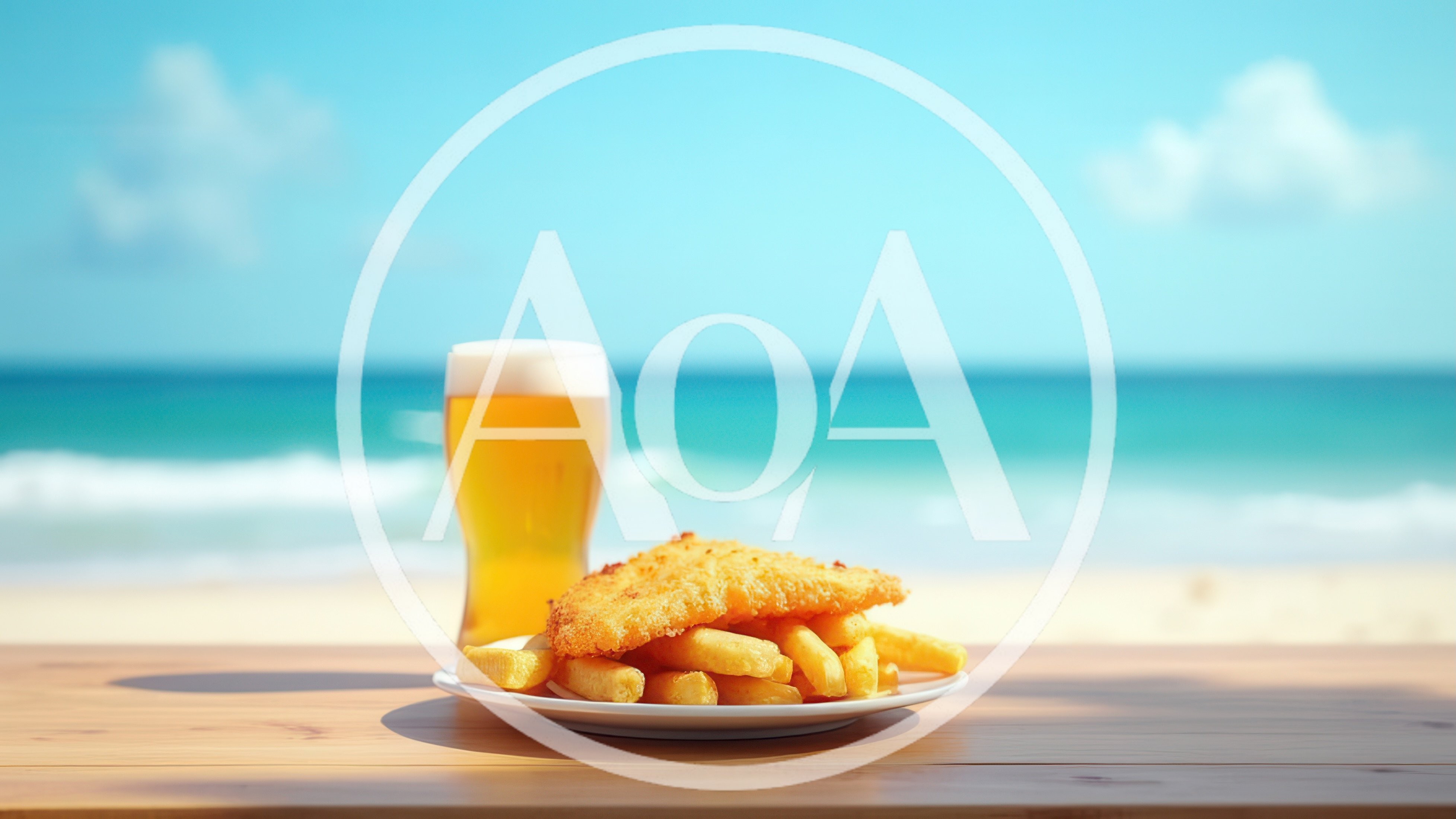Fish and Chips with Beer on Beach Table