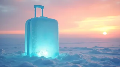 Glowing Ice Suitcase Standing In Snowy Landscape At Sunset