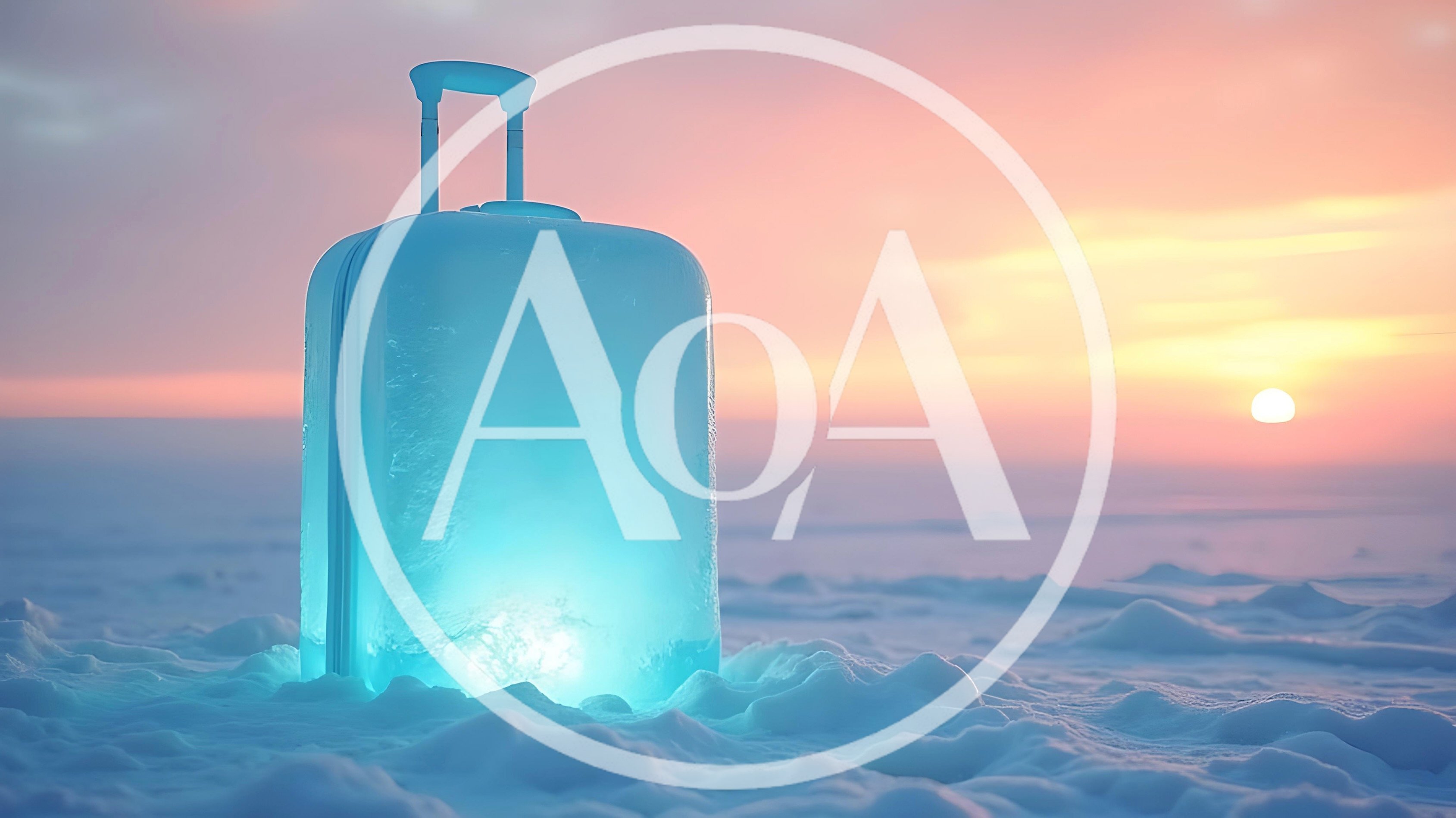 Glowing Ice Suitcase Standing In Snowy Landscape At Sunset