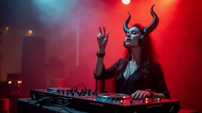 Female DJ Wearing Devil Horns Performing at Nightclub