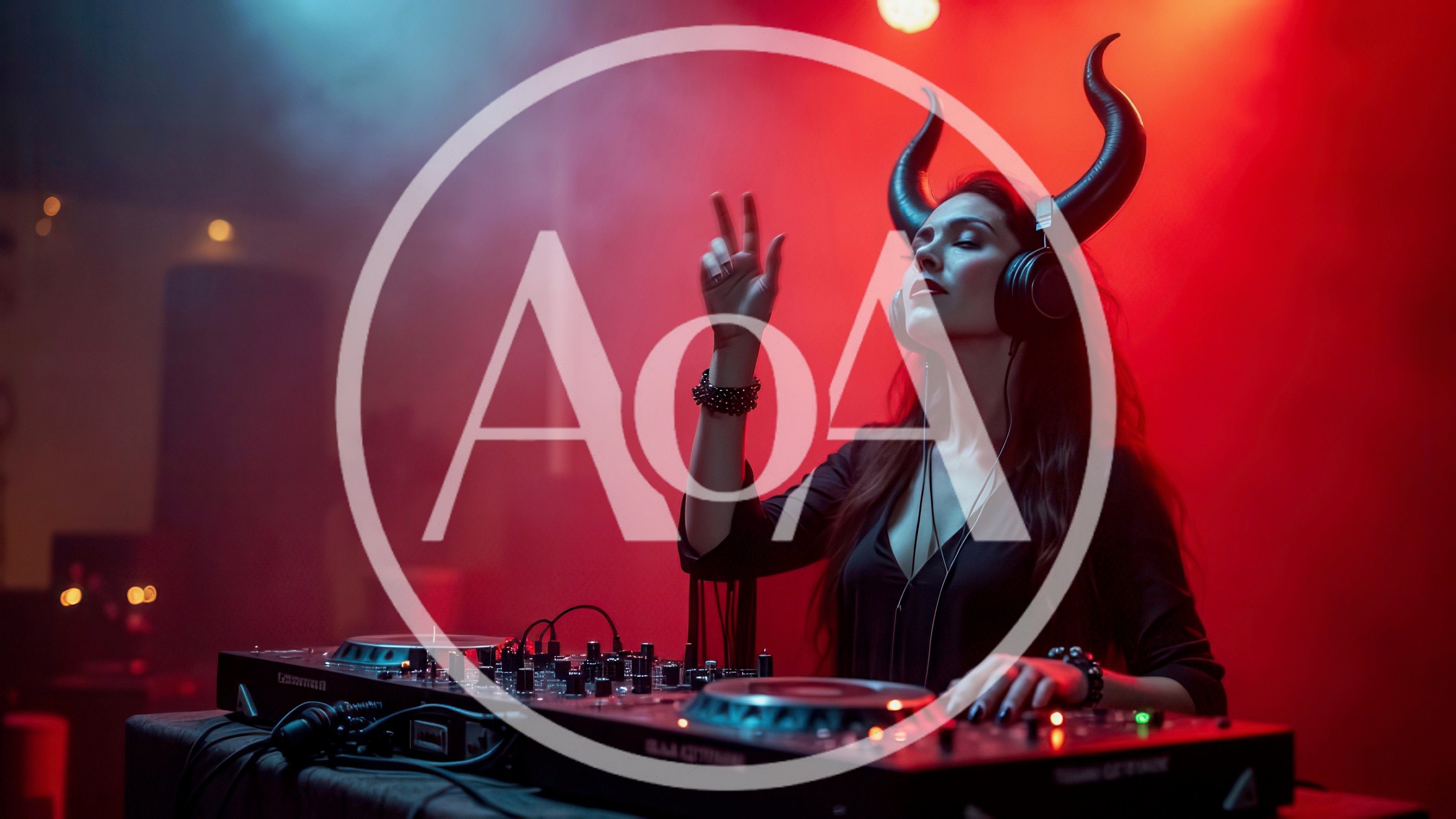 Female DJ Wearing Devil Horns Performing at Nightclub
