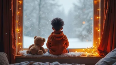 Child Sitting With Teddy Bear Looking Out Snowy Window