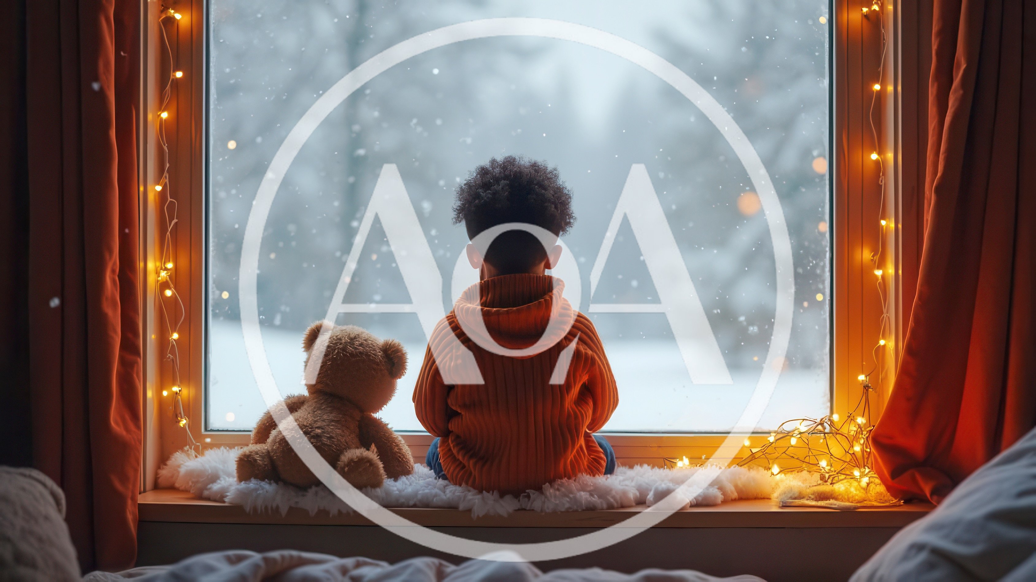Child Sitting With Teddy Bear Looking Out Snowy Window