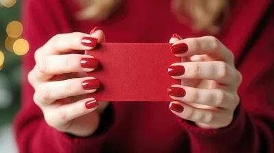 Woman Holding Blank Red Card With Glittery Manicure