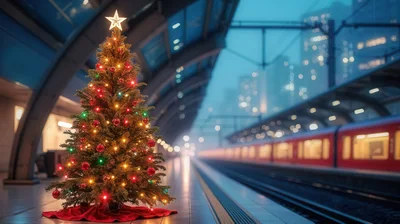 Christmas Tree on a Modern Train Station Platform