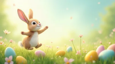 Cute Cartoon Bunny Jumping in Spring Meadow
