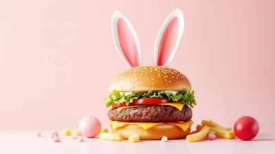 Easter Burger With Bunny Ears And Festive Decorations