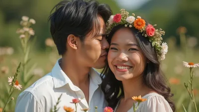Young Couple Embracing In A Sunny Flower Meadow