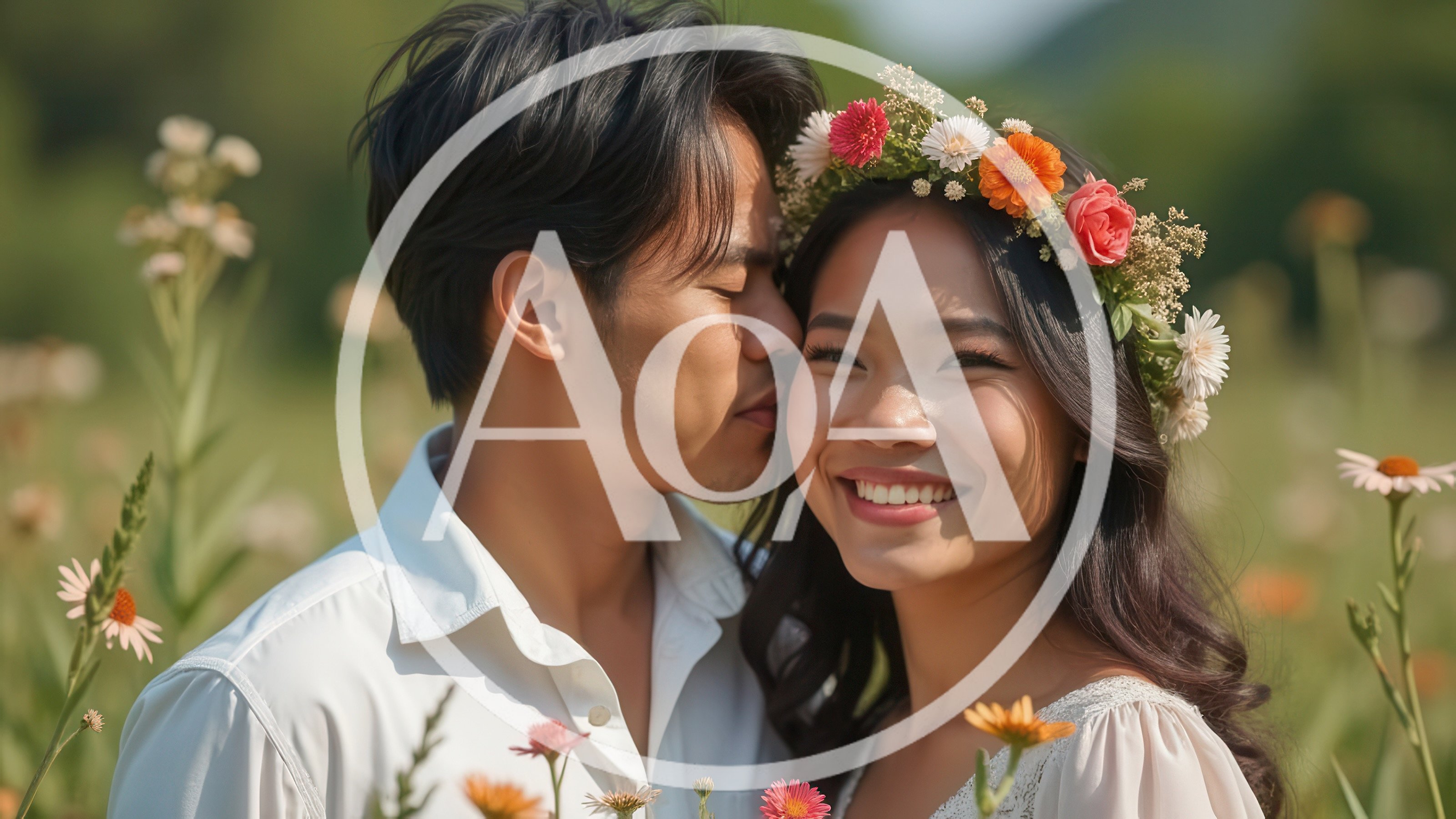 Young Couple Embracing In A Sunny Flower Meadow
