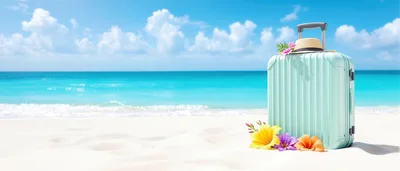 Mint Green Suitcase With Tropical Flowers On Sandy Beach
